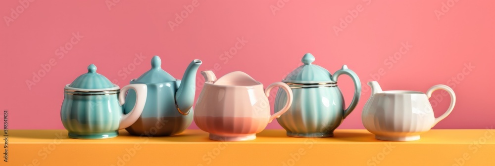 Poster a group of teapots sitting on top of a table. ai generative image.