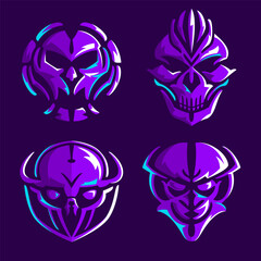 Skulls set. Esports gaming high detailed logo collection. Violet bones with vivid lights.