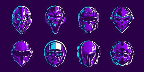 Skull in pilot, astronaut or alien helmet. Esports gaming high detailed logos set. Violet bones with vivid lights. © kaer_fstock