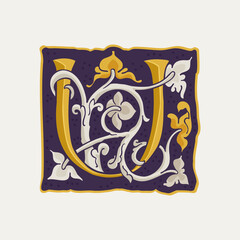 U letter drop cap logo. Square medieval initial with gold texture and white vine. Renaissance calligraphy emblem.