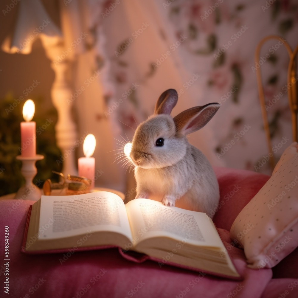 Poster a rabbit sitting on top of an open book. ai generative image.