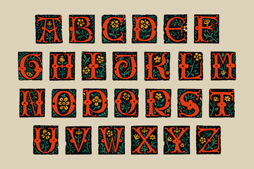 Medieval alphabet. Grunge gothic initials. 16th century engraved drop caps. Blackletter style vintage font.