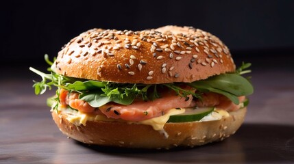 Bagel with salmon, egg and greens on dark background. AI generated