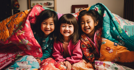 Slumber party timeless childhood tradition. Little Girls relaxing on bed. Slumber party concept. Girls just want to have fun. Invite friend for sleepover. Best friends forever. 