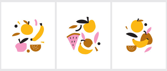 Cute Infantile Style Fruits Vector Illustration. Abstract Hand Drawn Apple, Banana, Pear and Melon Isolated on a White Background. Pink, Yellow and Brown Fruits Print ideal for Card, Wall Art, Poster.