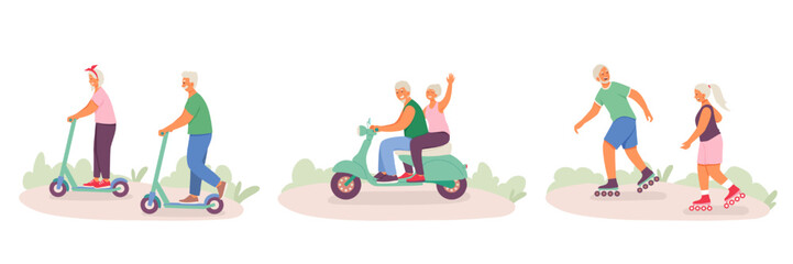 Set of active happy old people riding bike, kick scooter and rollerblading outside © ANDRII