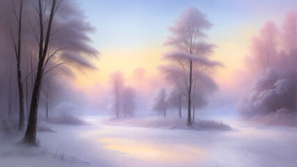 Generative AI illustration. Winter landscape, forest