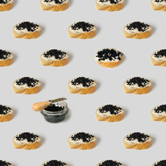 black caviar sandwiches on white background, seamless pattern