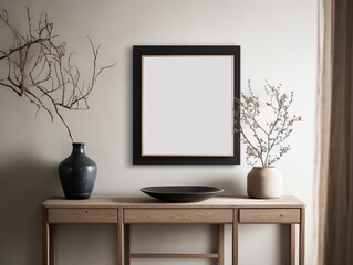 Warm neutral wabi sabi style minimalist interior mockup with black square poster frame, jute decoration, ceramic jug, table and dried herb, branches, against empty concrete wall. 3d rendering