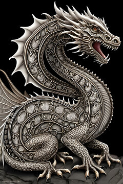 Chinese Dragon design illustration. Traditional mystical creature detailed and ornate drawing. Generative Ai.