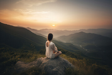 Woman Meditating in Lotus Pose on Cliff with Scenic View