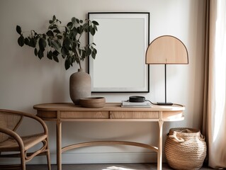 Warm neutral wabi sabi style minimalist interior mockup with black portrait poster frame, jute decoration, ceramic jug, table, desk lamp, and dried herb, branches, against empty concrete wall.