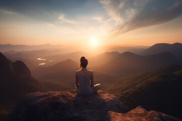 Fototapeta na wymiar Woman Meditating in Lotus Pose on Cliff with Scenic View