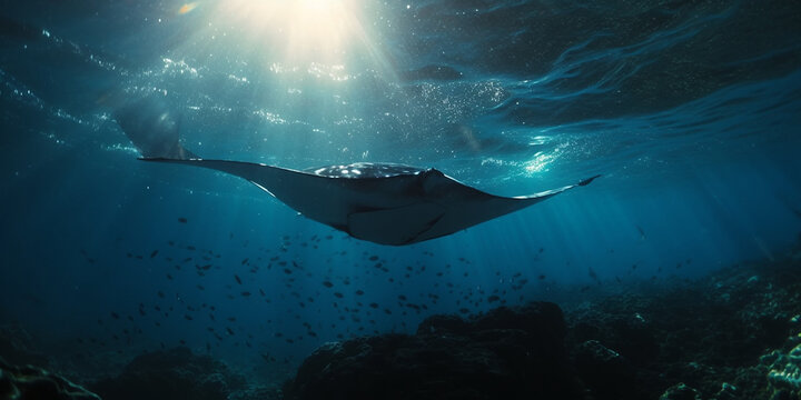 Manta Rochen im Meer mit Sonnenstrahlen im Gegenlicht, ai generativ