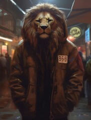 Lion posing in a dark leather jacket. Cyberpunk background. Generative Ai.
