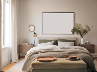 Warm neutral wabi sabi style minimalist interior mockup, bedroom in natural green earth tones with horizontal poster frame, jute decoration, table and dried herb, branches, against empty wall.