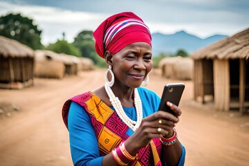 African woman using mobile phone in a village rural area set up. Generated by AI