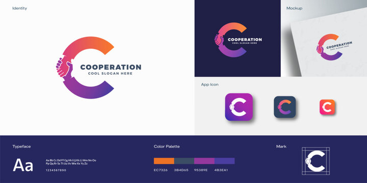 Cooperation Abstract Vector Sign, Symbol or Logo Template. Hand Shake Incorporated in Letter C Concept.