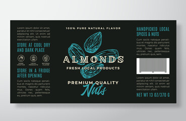 Almond Food Label Template. Abstract Vector Packaging Design Layout. Modern Typography Banner with Hand Drawn Nuts Background Isolated