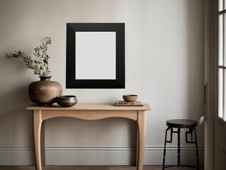 Warm neutral wabi sabi style minimalist interior mockup with black poster frame, jute decoration, ceramic jug, table and dried herb, branches, against empty concrete wall. 3d rendering