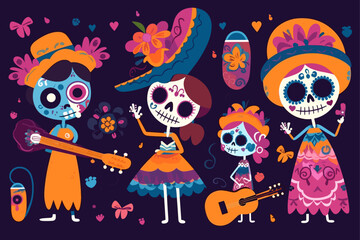 flat dia de muertos character elements collection, cinco de mayo character elements collection.