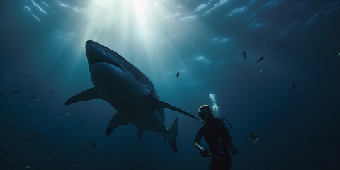 Weißer Hai mit Taucher, Sonnenstrahlen brechen im Meer, ai generativ