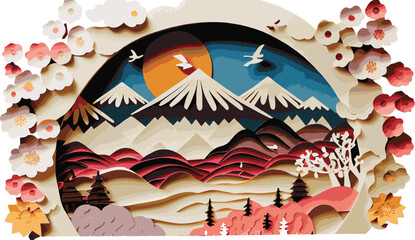 Japan travel concept. Colorful papercut Mount Fuji