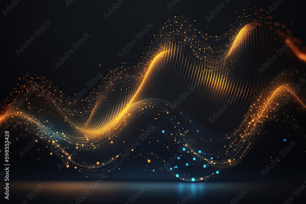 Poster abstract blue or gold dot moving and growing connecting neural network. technology background. digit