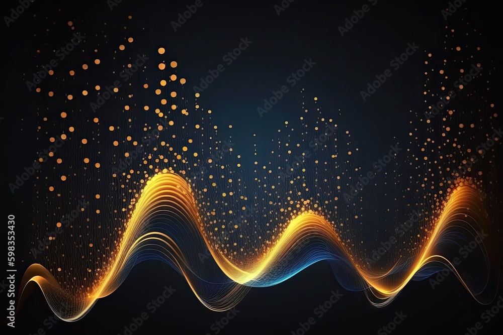 Poster abstract blue or gold dot moving and growing connecting neural network. technology background. digit