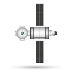 Orbital space station 3d vector realistic fictional spacecraft model futuristic concept mockup, artificial satellite with solar battery panels isolated on white background.