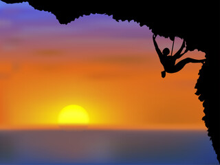 Visual drawing silhouettes of male hikers climbing up mountain with safety equipment and sunset in sea of background for vector illustration set 1 of 4
