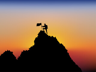 Visual drawing silhouettes of male hikers climbing up mountain to finish peaks with safety equipment and sunset in sea of background for vector illustration