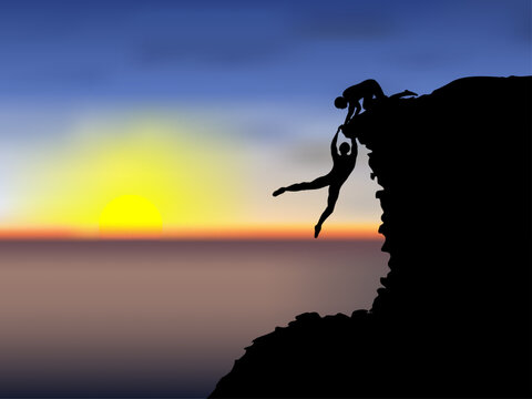 Visual drawing silhouettes of male hikers climbing up mountain with safety equipment and one of them giving hand and helping to climb and sunset in sea of background for vector illustration