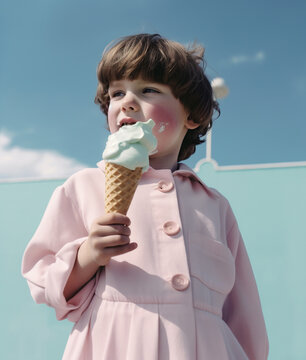Girl eating ice cream. AI generated image.