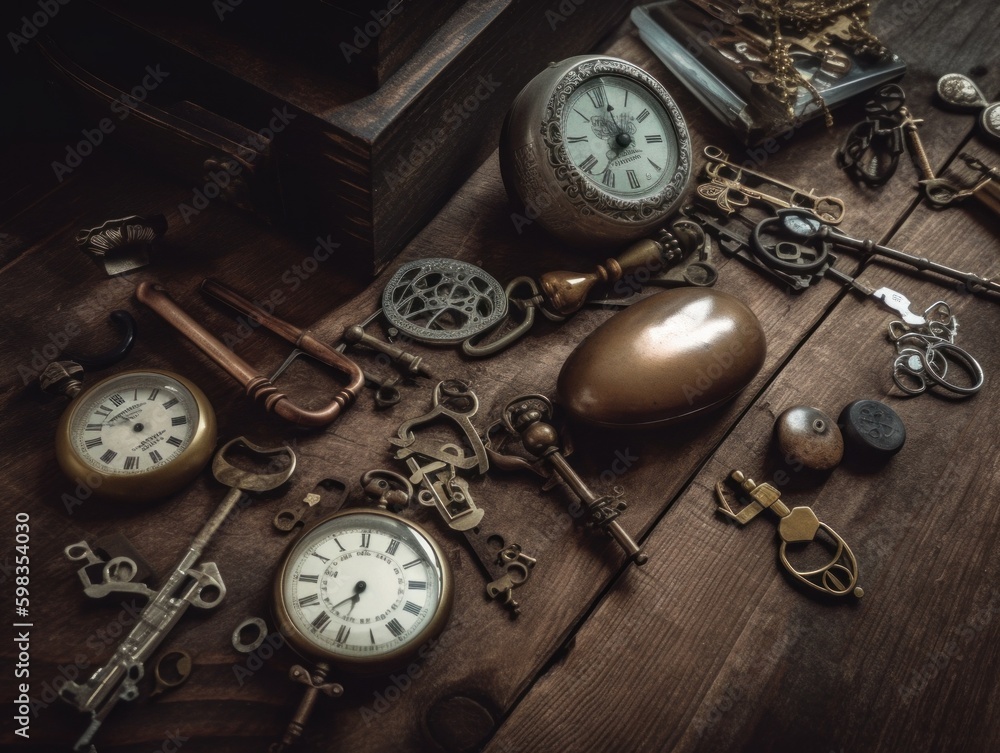 Aufkleber a collection of antique keys and clocks on a table. ai generative image.