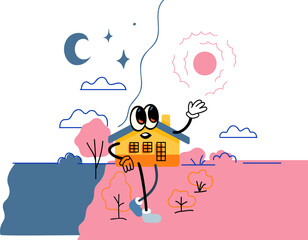A cartoon house. Night and day. Vector graphics