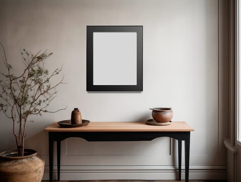 Warm neutral wabi sabi style minimalist interior mockup with black poster frame, jute decoration, ceramic jug, table and dried herb, branches, against empty concrete wall. 3d rendering