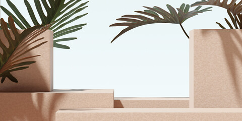 Stand product display podium with tropical nature leaves on brown background. 3D rendering