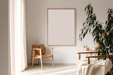 Warm neutral wabi sabi style minimalist interior mockup with poster frame with wooden dining table, chair, jute decoration, ceramic jug, plant, sunlight and shadow, against empty wall. 3d rendering