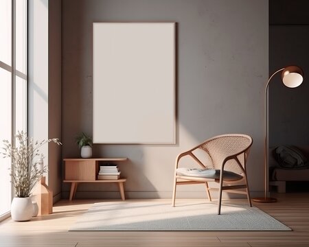 Warm neutral wabi sabi style minimalist interior mockup with poster frame with wooden chair, jute decoration, ceramic jug, plant, sunlight and shadow, against empty wall. 3d rendering