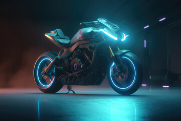 Fototapeta na wymiar Futuristic Motorcycle with Neon Lights, Lighting, Laser, Made by AI, AI generated, Artificial intelligence 