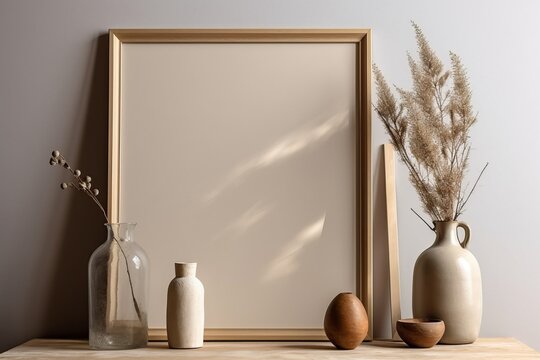 Warm neutral wabi sabi style minimalist interior mockup with poster frame, jute decoration, ceramic jug, table, and dried herb, branches, against empty concrete wall.