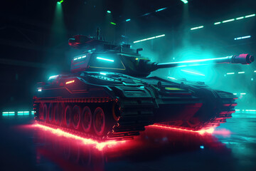 Futuristic Tank with Neon Lights, Lighting, Laser, Made by AI, AI generated, Artificial intelligence	