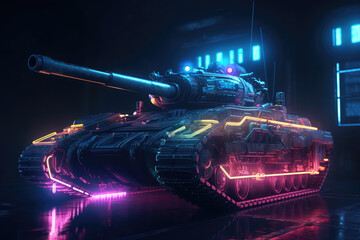 Futuristic Tank with Neon Lights, Lighting, Laser, Made by AI, AI generated, Artificial intelligence	