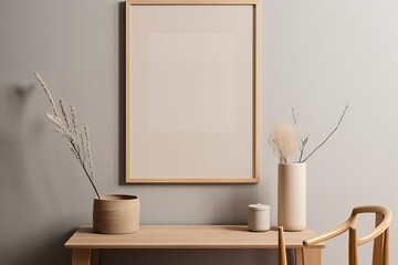 Warm neutral wabi sabi style minimalist interior mockup with poster frames, jute decoration, ceramic jug, table, and dried herb, branches, against empty wall.