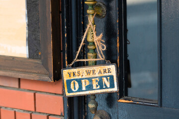 yes we're open sign , vintage restaurant sign , Open sign in street cafe