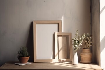 Warm neutral wabi sabi style minimalist interior mockup with set of two poster frames, jute decoration, ceramic jug, table, and dried plant, branches, against empty concrete wall.