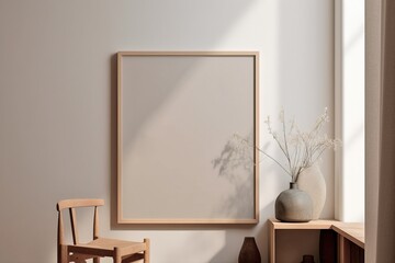 Obraz premium Warm neutral wabi sabi style minimalist interior mockup with poster frame with wooden dining table, chair, jute decoration, ceramic jug, plant, sunlight and shadow, against empty wall. 3d rendering