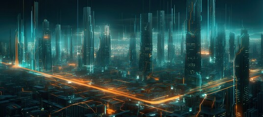 Neon Sci-Fi City in Dark Turquoise and Light Orange. Generative AI