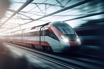 Fototapeta na wymiar Train with Motion Blur Approaching Rail Station. Generative AI